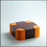 Frédéric Hardouin, Cross & Seaseat. Coffee table with 4 pouffes. Table in oxidised nd varnished metal